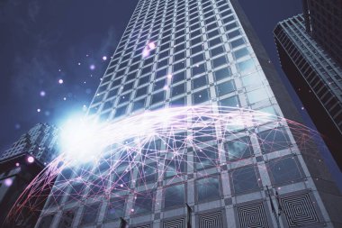 Sosyal ağ tema çizimi ve şehir manzarası arka planına çift pozlama. Bağlantı insanları kavramı.