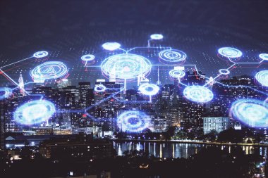 Sosyal ağ tema çizimi ve şehir manzarası arka planının çoklu pozlandırılması. Bağlantı insanları kavramı.