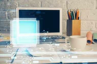 Arka planda kişisel bilgisayarı ve teknik tema çizimi olan iki kat masaüstü görüntüsü. Büyük Veri Kavramı.