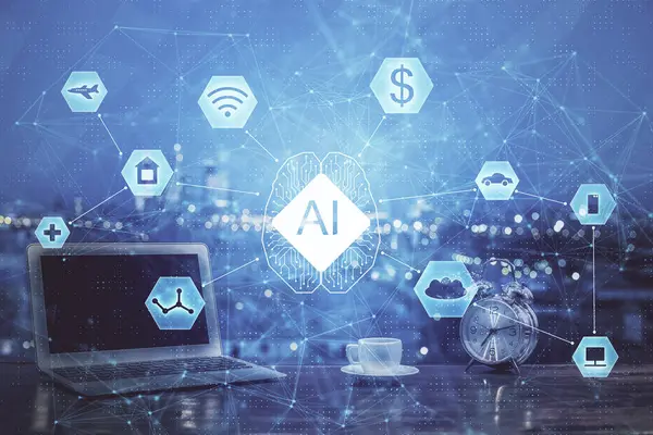 Bilgisayarın arka plan ve teknoloji temalı çizimlerine çoklu maruz kalma. Yenilik kavramı.