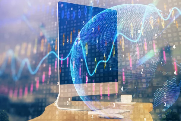 Multi exposure of graph and financial info and work space with computer background. Concept of international online trading.