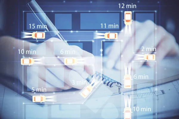 Techniczny Hologram Autopilota Nad Kobiecymi Rękami Robiący Notatki Koncepcja High — Zdjęcie stockowe