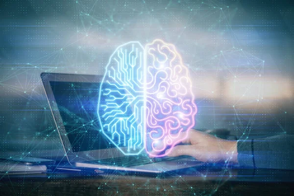 Hombre Escribiendo Fondo Del Teclado Con Holograma Cerebral Concepto Big —  Fotos de Stock