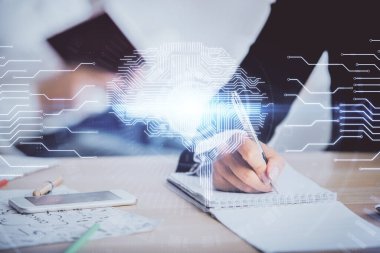 Arka planda not alan insanların beyinlerini çizerken çifte maruz kalma. Ai kavramı