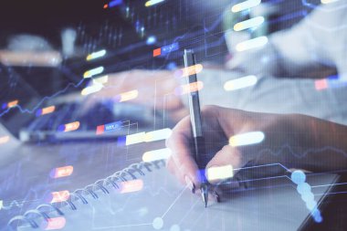 Veri temalı çizimin arka plan yazan insanların üzerine çifte pozlanması. Teknoloji kavramı