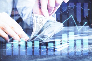 Forx grafiği, hologram, Amerikan dolarları ve insan eli çizimleri. Teknik Analiz kavramı.