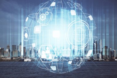 Sosyal ağ tema çizimi ve şehir manzarası arka planına çift pozlama. Bağlantı insanları kavramı.