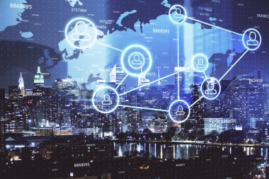 Sosyal ağ tema çizimi ve şehir manzarası arka planının çoklu pozlandırılması. Bağlantı insanları kavramı.