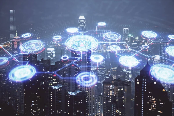 Sosyal ağ tema çizimi ve şehir manzarası arka planının çoklu pozlandırılması. Bağlantı insanları kavramı.