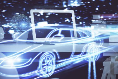 Otomobil hologramı çizimi olan masaüstü bilgisayar arkaplanı. Çoklu maruz kalma. Teknoloji kavramı.