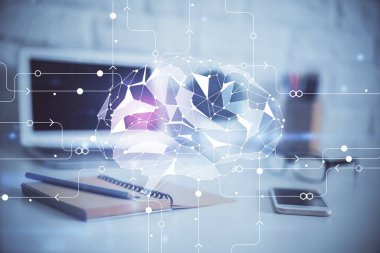 Bilgisayar ve insan beyin hologramıyla çalışma alanının çoklu açığı. Beyin fırtınası konsepti.