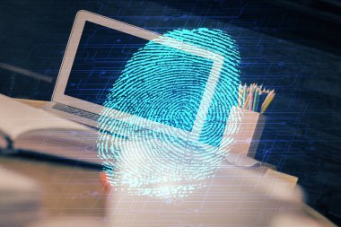 Ofisteki bilgisayarın parmak izi çizimi. Çifte maruziyet. İş veri güvenliği kavramı.