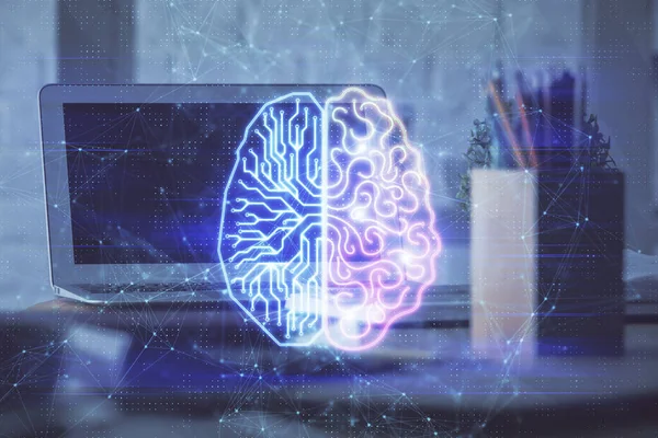 Bilgisayar Insan Beyin Hologramıyla Çalışma Alanının Çoklu Açığı Beyin Fırtınası — Stok fotoğraf