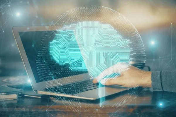 Mann Tippt Auf Tastatur Hintergrund Mit Gehirn Hologramm Konzept Von — Stockfoto