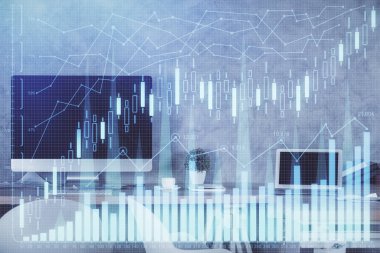 Finansal grafik çizimi ve ofis içi arka planının çoklu pozu. Pazar analizi kavramı.