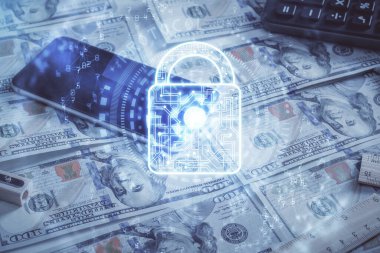 Arka planda dolarları çekerken kilide iki kez maruz kalıyoruz. Güvenlik konsepti.