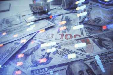 İki kez veri temasına maruz kalınca dolar banknotları arka planda kalıyor. Teknoloji konsepti.