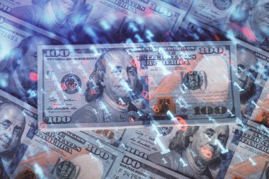 İki kez veri temasına maruz kalınca dolar banknotları arka planda kalıyor. Teknoloji konsepti.