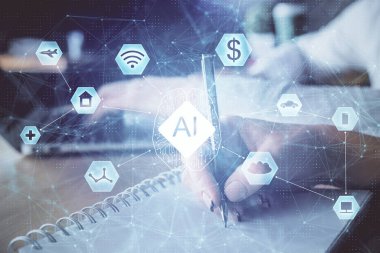 Veri temalı çizimin arka plan yazan insanların üzerine çifte pozlanması. Teknoloji kavramı