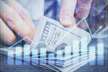 Forx grafiği, hologram, Amerikan dolarları ve insan eli çizimleri. Teknik Analiz kavramı.
