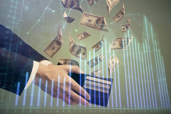 Mehrfachbelichtung Von Finanzgraphen Die Hologramme Und Dollarscheine Und Menschenhände Zeichnen — Stockfoto