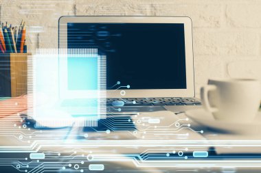 Arka planda kişisel bilgisayarı ve teknik tema çizimi olan iki kat masaüstü görüntüsü. Büyük Veri Kavramı.