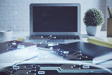 Kişisel bilgisayar ve teknik tema çizimi ile masaüstü çok açıkta. Büyük Veri Kavramı.