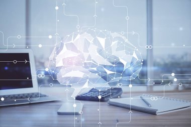 Bilgisayar ve insan beyin hologramıyla çalışma alanının çoklu açığı. Beyin fırtınası konsepti.