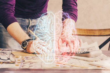 Haman 'ın beyni, erkek eli geçmişi olan çifte maruz kalma ikonu. Ai kavramı.