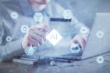 Elinde kredi kartı ve veri teması çizimi olan bir adamın ellerine iki kez maruz kalmış. E-ticaret ve teknoloji kavramı.