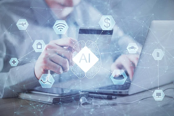 Elinde kredi kartı ve veri teması çizimi olan bir adamın ellerine iki kez maruz kalmış. E-ticaret ve teknoloji kavramı.