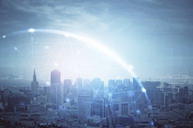 Sosyal ağ tema çizimi ve şehir manzarası arka planına çift pozlama. Bağlantı insanları kavramı.