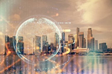 Şehir görünümünde harita ve veri temalı hologram ile gökdelenler arka planda çift pozlama. İş kavramında uluslararası teknoloji.