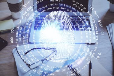 Ofisteki bilgisayarın parmak izi çizimi. Çifte maruziyet. İş veri güvenliği kavramı.