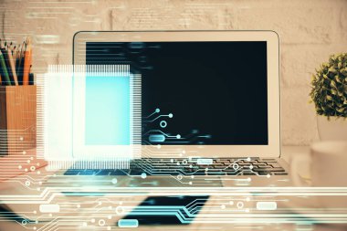 Arka planda kişisel bilgisayarı ve teknik tema çizimi olan iki kat masaüstü görüntüsü. Büyük Veri Kavramı.