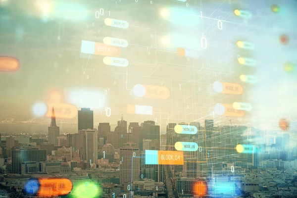 Veri temalı hologram gökdelenlerin arka planında çift pozlama ile şehir görünümüne çizim yapıyor. Teknoloji konsepti.