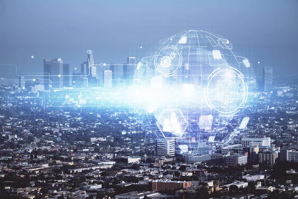 Sosyal ağ tema çizimi ve şehir manzarası arka planına çift pozlama. Bağlantı insanları kavramı.