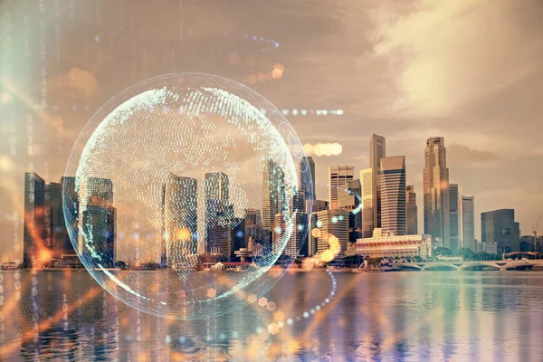 Şehir görünümünde harita ve veri temalı hologram ile gökdelenler arka planda çift pozlama. İş kavramında uluslararası teknoloji.