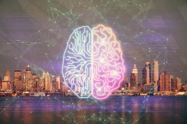 Brain Hologram Drawing City Scape Background Double Exposure Konsep Brainstorming — Stok Foto