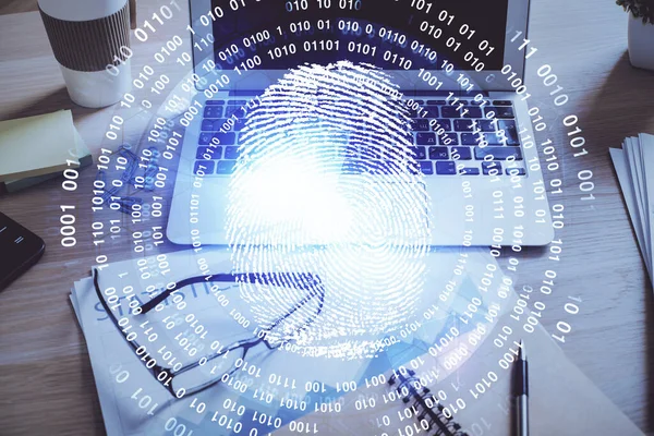 Ofisteki bilgisayarın parmak izi çizimi. Çifte maruziyet. İş veri güvenliği kavramı.