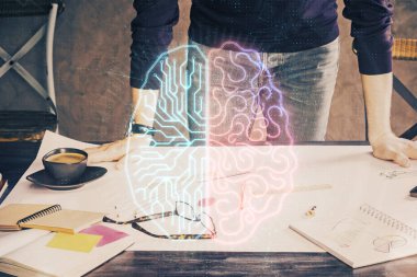 Haman 'ın beyni, erkek eli geçmişi olan çifte maruz kalma ikonu. Ai kavramı.