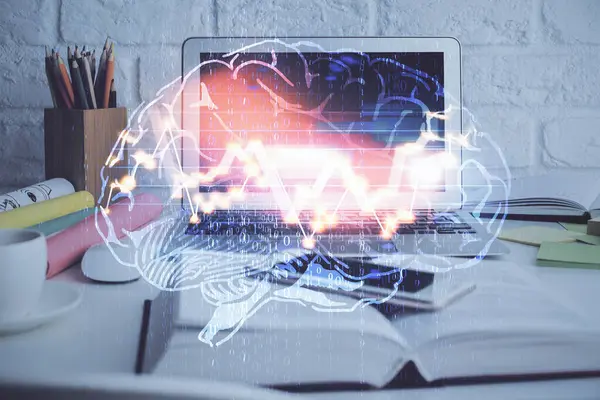 Podwójna Ekspozycja Miejsca Pracy Komputerowym Ludzkim Hologramem Rysowania Mózgu Koncepcja — Zdjęcie stockowe