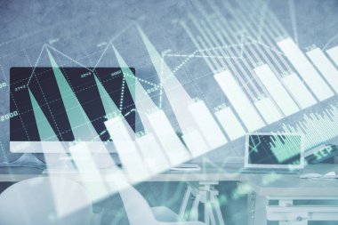 Finansal grafik çizimi ve ofis içi arka planının çoklu pozu. Pazar analizi kavramı.