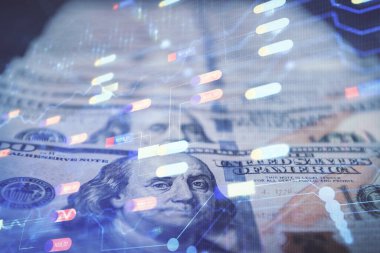 İki kez veri temasına maruz kalınca dolar banknotları arka planda kalıyor. Teknoloji konsepti.