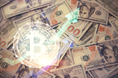 Şifreli temanın çoklu pozu bize dolar banknotları arkaplanı çiziyor. Engelleme zinciri başarısı kavramı.