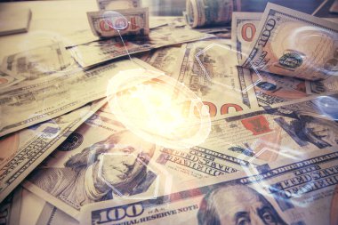 Şifreli temanın çoklu pozu bize dolar banknotları arkaplanı çiziyor. Engelleme zinciri başarısı kavramı.