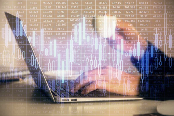 Double Exposure Businesswoman Hands Typing Computer Forex Graph Hologram Drawing — Stock Photo, Image