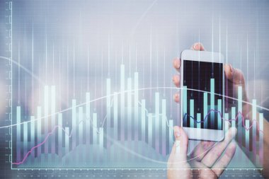 Ön x grafik çizimine çift pozlama hologram ve cep telefonu kullanan bir kadın. Borsa konsepti.