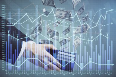 Finansal grafiğe çoklu pozlama hologram, Amerikan dolarları ve insan eli. Analiz kavramı.