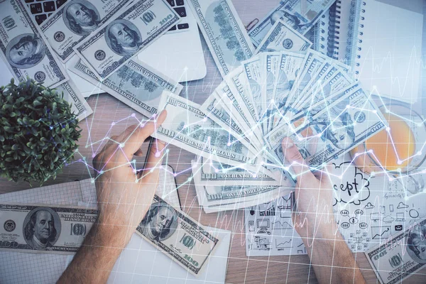 Multi Eksponering Finansielle Graf Tegning Hologram Usa Dollars Regninger Mand - Stock-foto